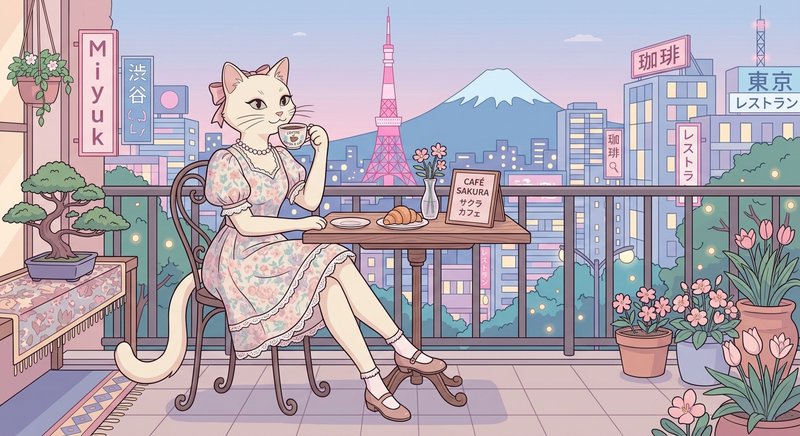 A cat-woman in a floral dress relaxing on a balcony with the Tokyo skyline