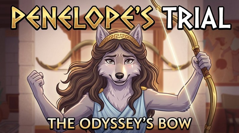 Animated wolf archer character holding a bow in a myth-inspired scene titled “Penelope's Trial.”