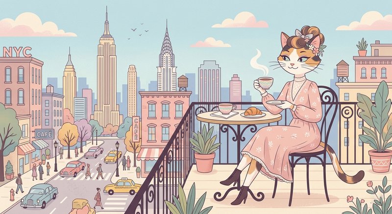 Whimsical illustration of a cat woman in a pink dress enjoying tea on a balcony overlooking a pas...