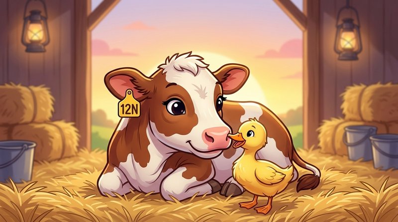 Cartoon cow and duckling in a cozy barn with hay and warm sunset lighting