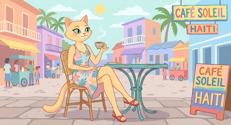 Stylized cat-woman in a floral dress sipping coffee at an outdoor cafe in a sunny Haiti street scene.