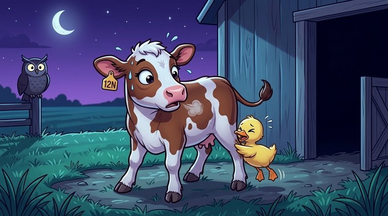 Cartoon cow with brown and white patches at night near a barn, with a duckling beside her and an ...