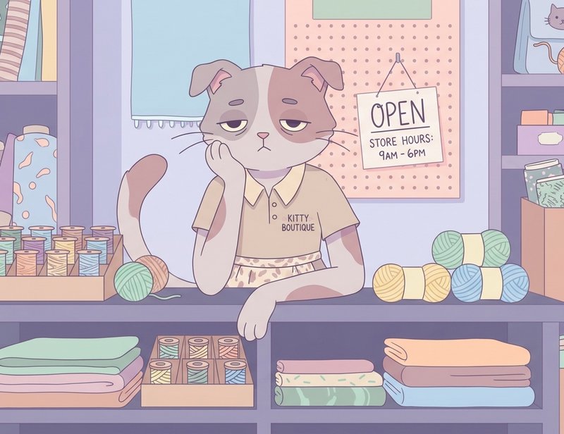Adorable illustrated cat at a boutique counter with yarn and folded fabrics in pastel colors.
