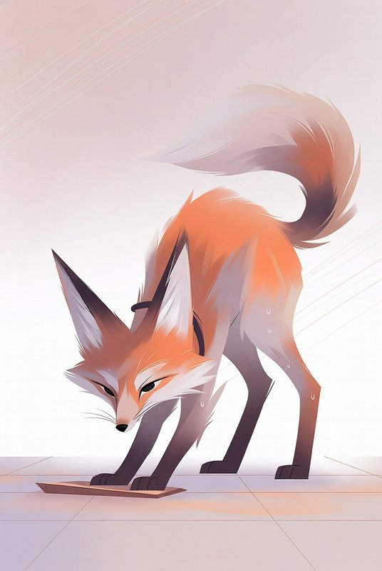 "Stylized digital illustration of a tense red fox stepping on a flipped floor tile trap, sweating...