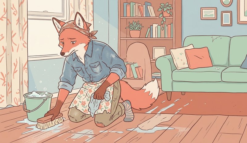 Tired anthropomorphic red fox scrubbing a wooden living room floor, wearing a bandana and floral ...