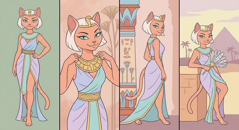 4-panel character reference sheet of cartoon Egyptian cat goddess Bastet, showing multiple poses ...