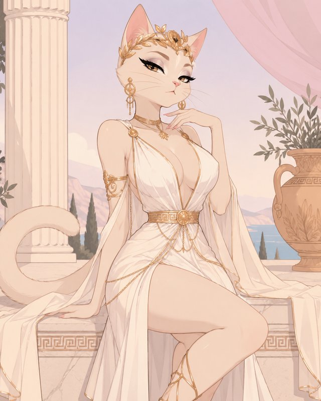 Anthropomorphic white cat goddess in gold-accented Greek-inspired gown posing on a sunlit ancient...