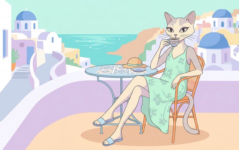 Stylish anthropomorphic cat woman sips coffee on a Santorini-style Greek island balcony, overlook...