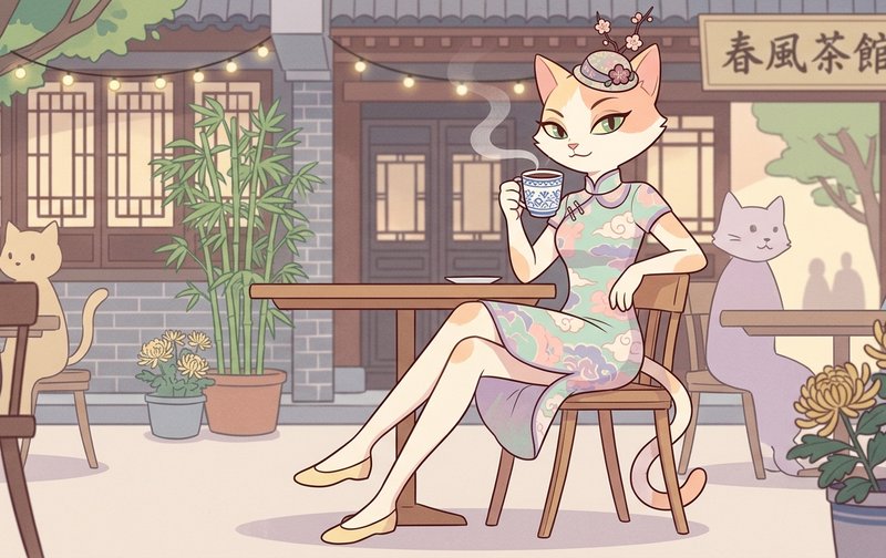 Elegant anthropomorphic calico cat in a qipao sips tea at an outdoor traditional Chinese teahouse...