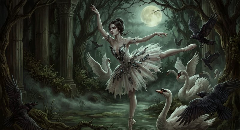 Gothic ballerina dances en pointe amid swans and ravens in a misty moonlit forest ruin