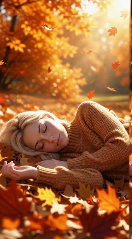 Blonde woman resting peacefully on fallen autumn maple leaves in a sunlit forest