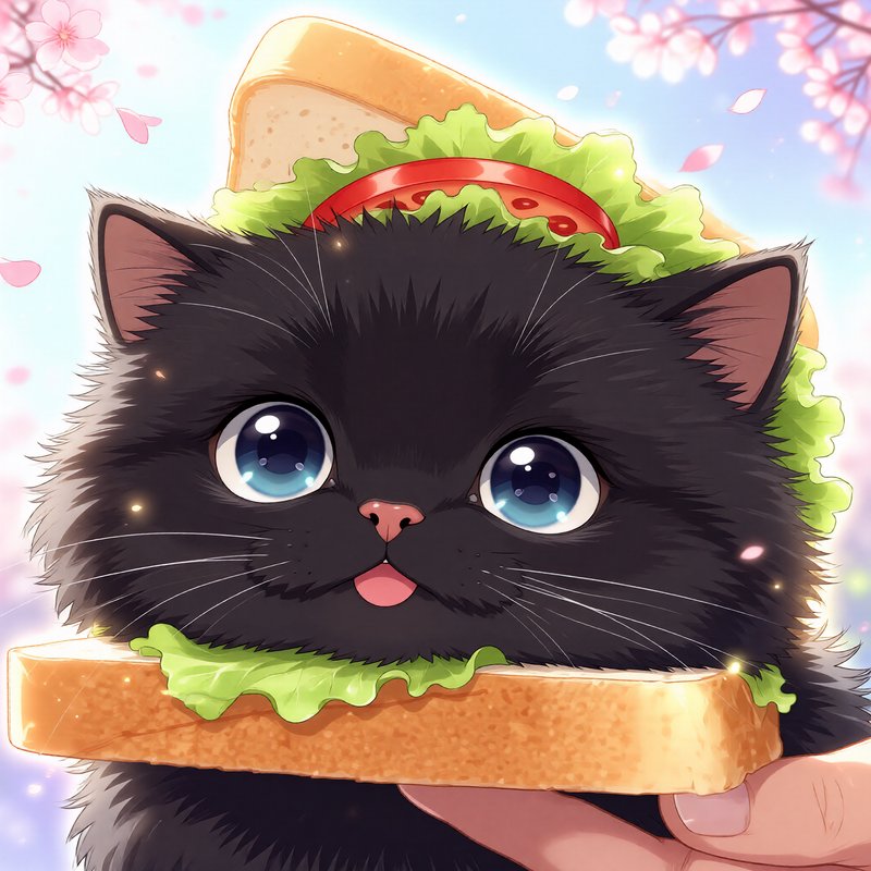 Fluffy black kitten with big blue eyes playfully sandwiched between bread under cherry blossom br...