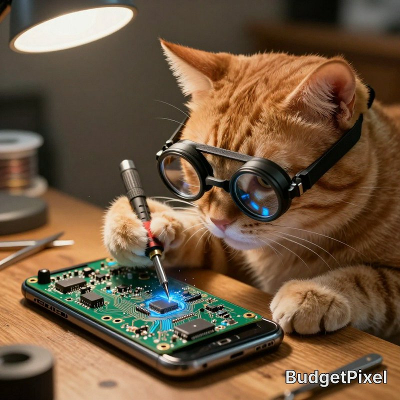 Ginger tabby cat wearing magnifying goggles carefully soldering a circuit board at a lit wooden e...