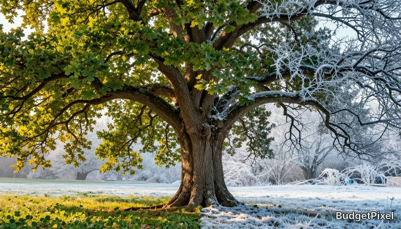 Ancient gnarled oak tree with half lush green leaves and half frost-covered bare branches in a su...