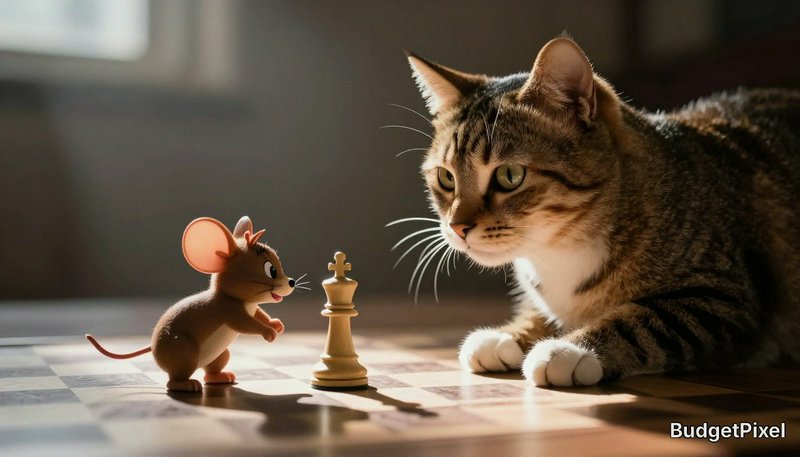 Photorealistic tabby cat faces cartoon Jerry mouse across a chess king on a sunlit chessboard