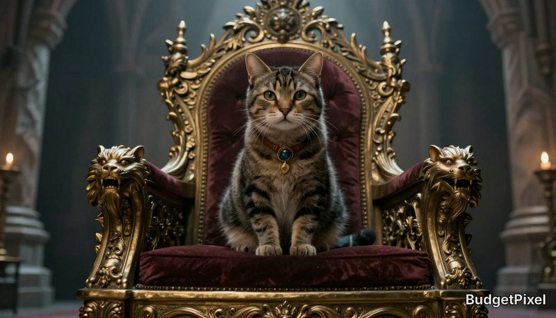 Tabby cat with a jeweled collar sits regally on an ornate gilded velvet throne in a grand castle ...