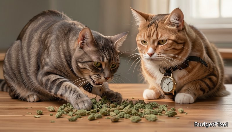 Two tabby cats on a wooden table, one hissing at catnip, the other wearing a tiny pocket watch on...