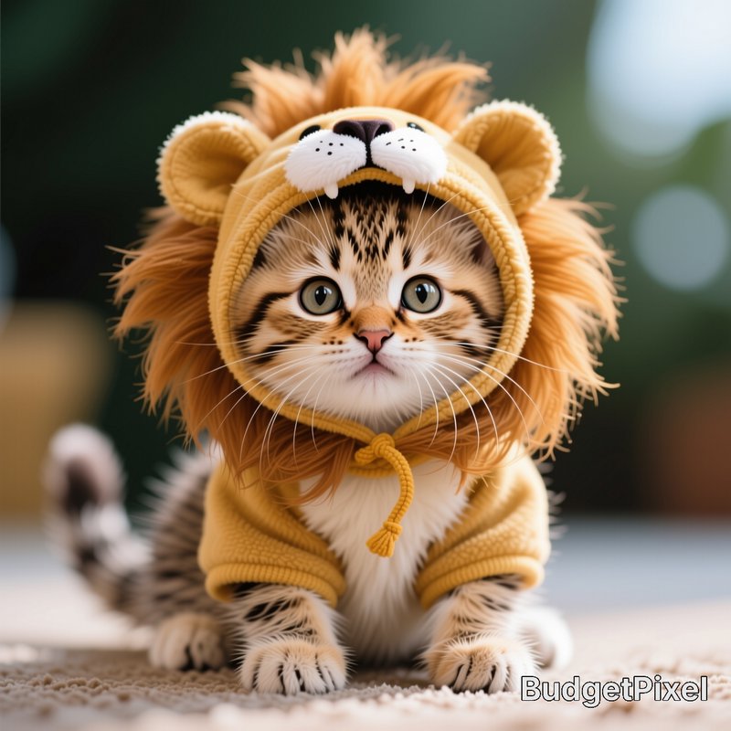Cute wide-eyed tabby kitten wearing a plush fuzzy lion costume hoodie sits facing forward on soft...