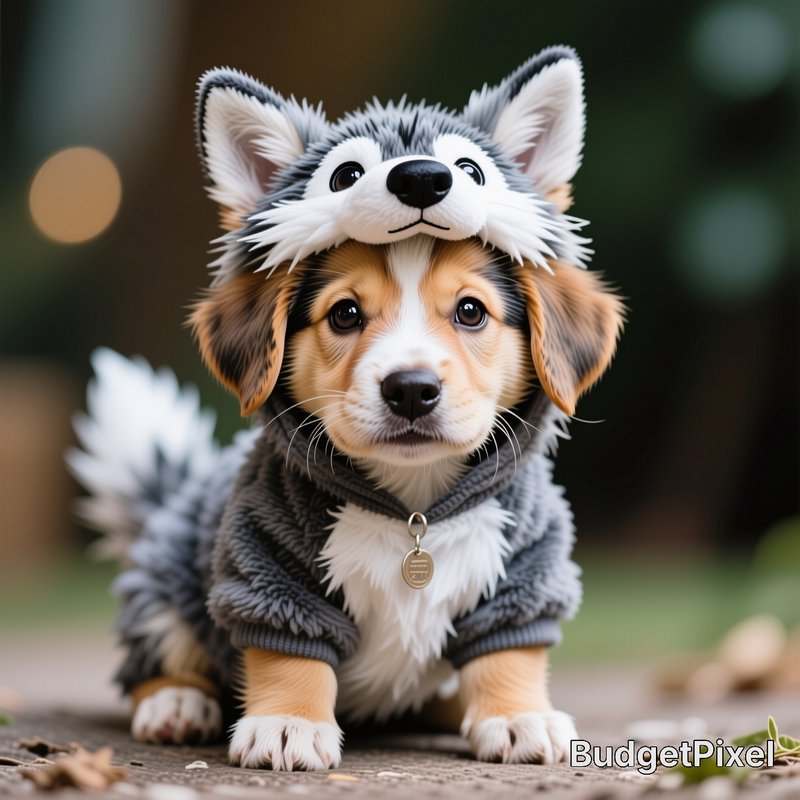 Adorable fluffy corgi puppy sitting outdoors, wearing a fuzzy plush wolf costume hood, looking di...