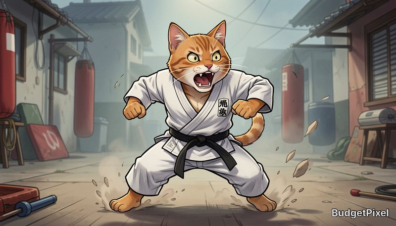 Angry orange tabby cat wearing a black belt karate gi holds a fighting stance in an outdoor alley...