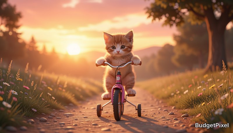 Fluffy orange tabby kitten riding a tiny pink tricycle down a wildflower-lined dirt path at warm ...