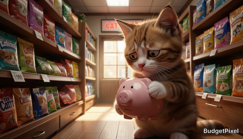 Worried orange tabby cat holds an empty pink piggy bank while standing in a sunlit pet store cat ...