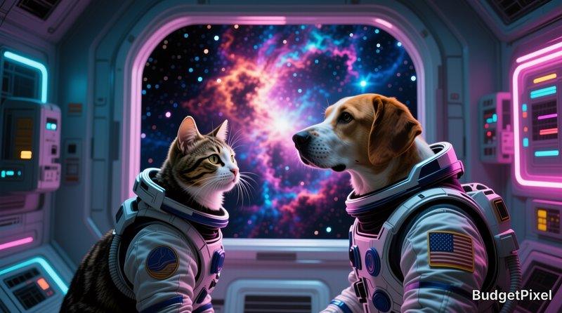 Tabby cat and beagle dog in astronaut suits face each other inside a neon spaceship, with a glowi...