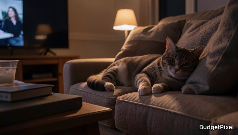Sleepy striped tabby cat lounges comfortably on a plush fabric sofa in warm dim evening home ligh...