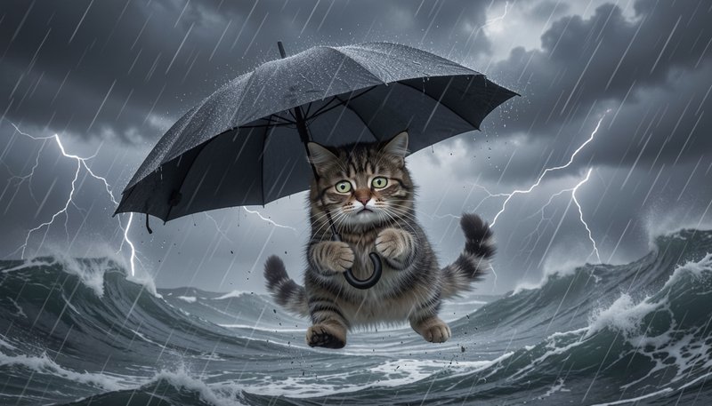 Wide-eyed fluffy tabby cat floats holding a black umbrella above stormy ocean during a rainy ligh...