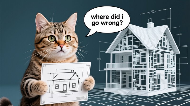 Confused tabby cat holds a house blueprint beside an overcomplicated glitchy 3D house model, aski...