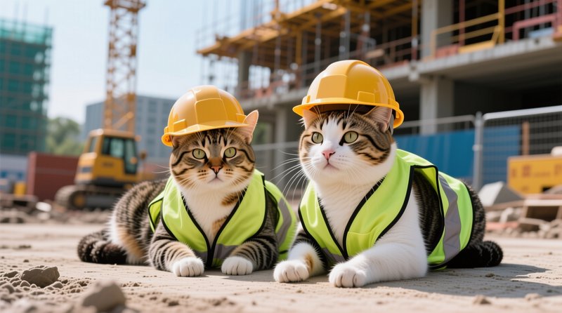Two tabby cats wearing yellow hard hats and neon safety vests lie on the ground at an active cons...