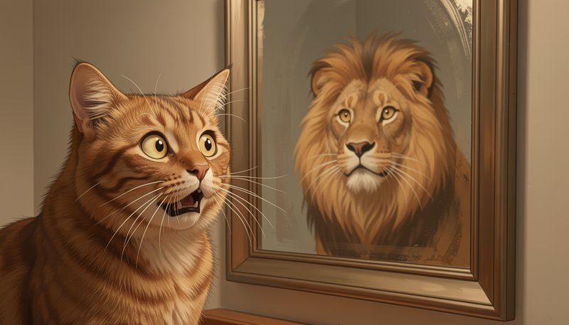 Wide-eyed surprised orange tabby cat looks into a mirror, where its reflection appears as a regal...