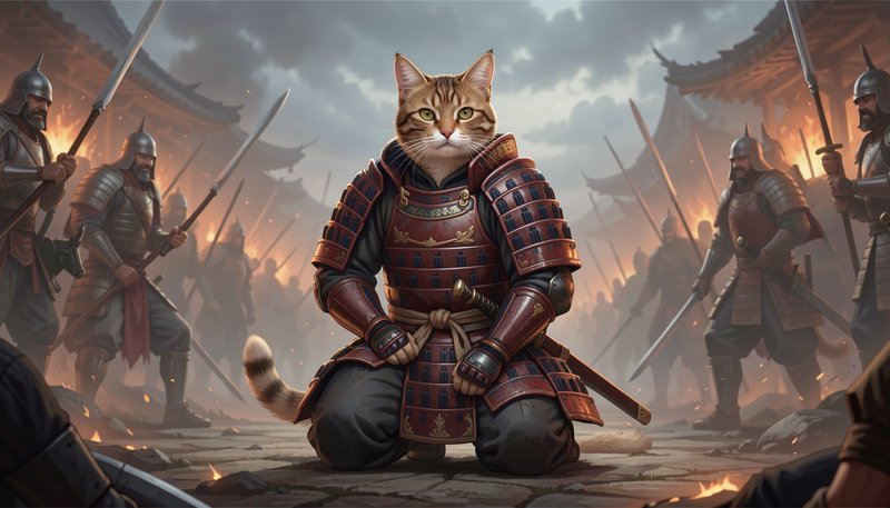 Tabby cat in ornate red samurai armor kneels at the center of a smoky burning battlefield surroun...