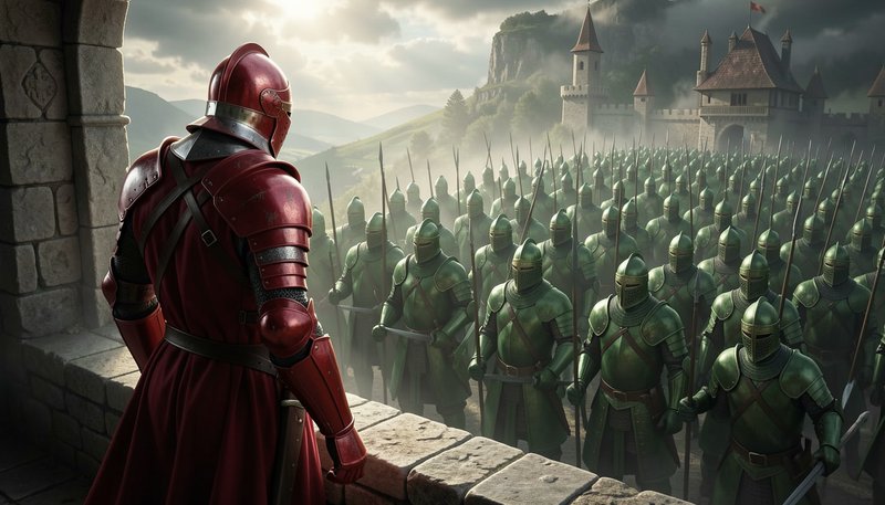 Red armored commander overlooks a massive army of green plate-armored soldiers outside a misty me...