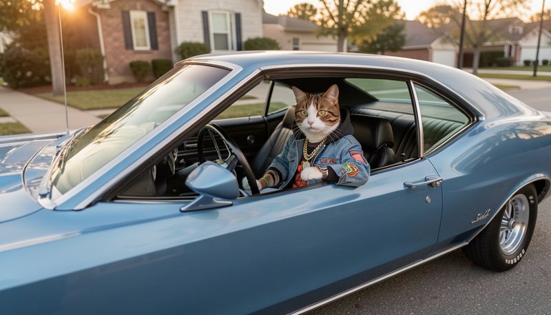 Dapper tabby cat in streetwear sits behind the wheel of a light blue classic muscle car in a subu...