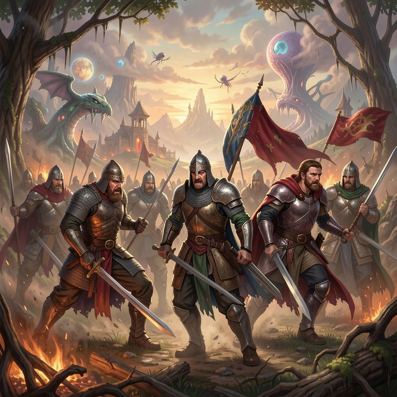 Armored fantasy knight vanguard stands ready for battle against mythical monsters on a sunlit med...
