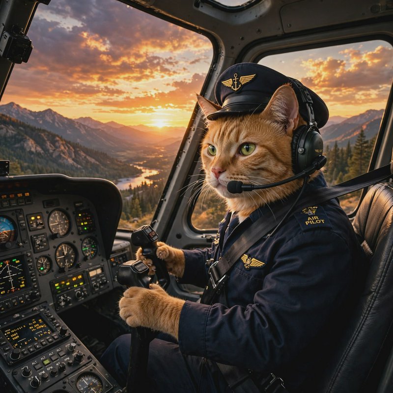 Ginger tabby cat in full pilot uniform operates helicopter controls, with a sunset mountain valle...