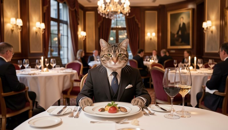 Dapper tabby cat in a formal business suit sits at a gourmet dining table in an upscale luxury re...