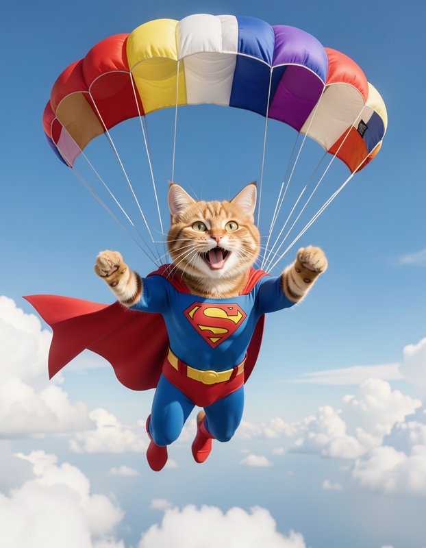 Grinning orange tabby cat in a Superman costume glides with a colorful parachute above fluffy clouds