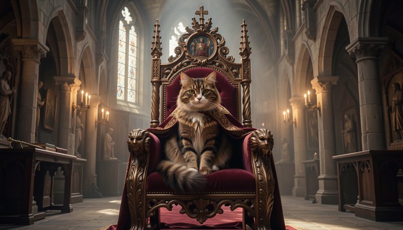Fluffy tabby cat sits regally on an ornate carved royal throne in a gothic cathedral