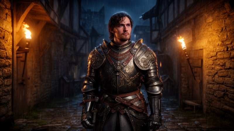 Stoic knight in ornate engraved armor stands in a rainy torchlit medieval cobblestone alley at dusk