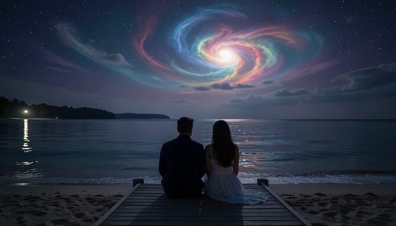 Couple seated on a beach pier watching a glowing colorful spiral galaxy over calm night ocean