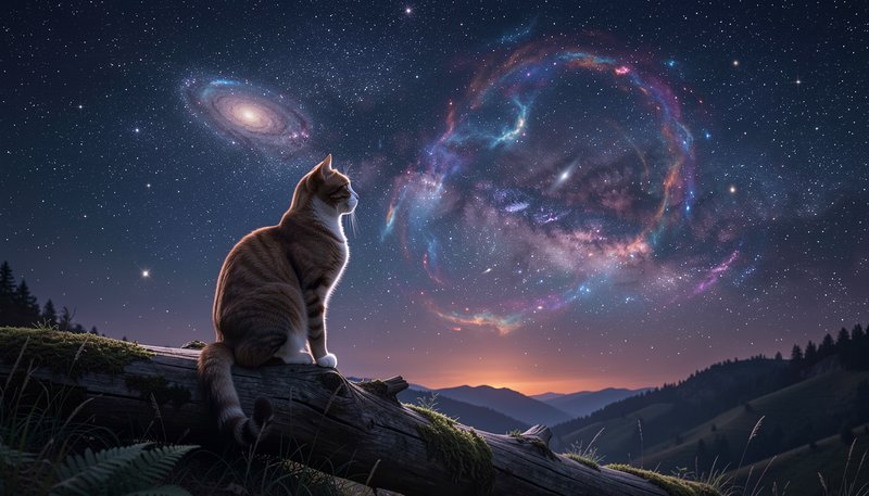 Orange tabby cat sits on a mossy fallen log gazing up at glowing swirling nebulae over a twilight...