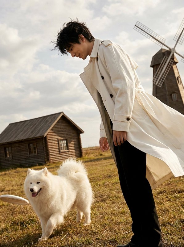 Man in a beige trench coat bending toward a white fluffy dog in a rural setting with a windmill i...