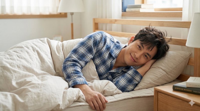 Young man in blue plaid pajamas lying in bed, smiling in a sunlit cozy bedroom.