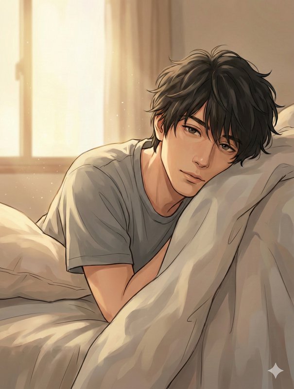 Anime-style illustration of a young man in bed under a white blanket with warm morning light.