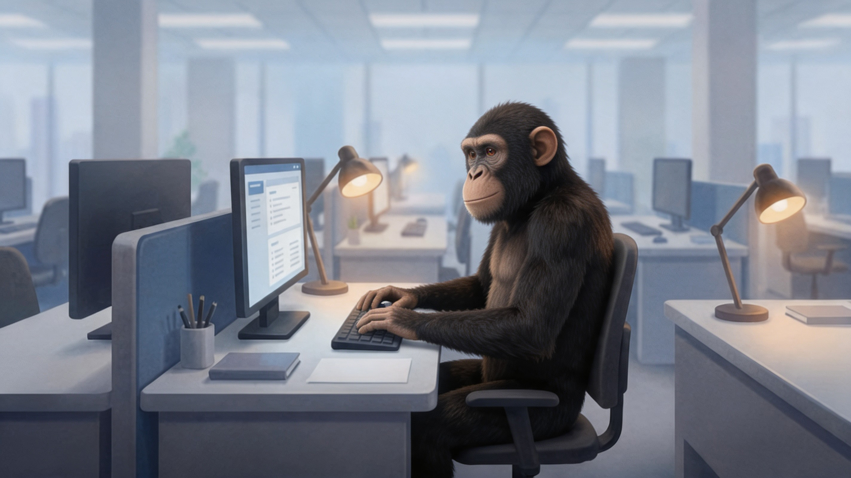 Chimpanzee seated at an office desk using a computer in a modern open-plan workspace.
