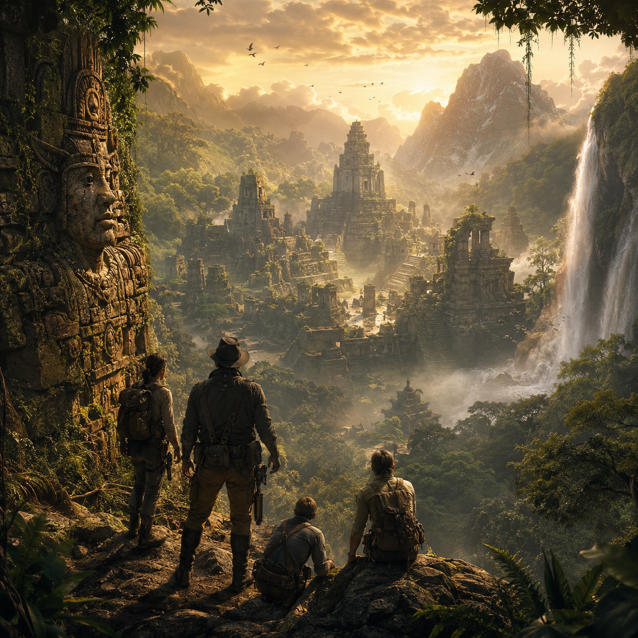 Explorers on a cliff overlook an ancient jungle temple city at sunset with a waterfall.
