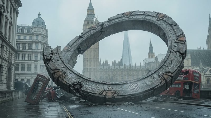 A massive circular ancient-stone ring with runic engravings dominates a rainy London street, with Big Ben and
