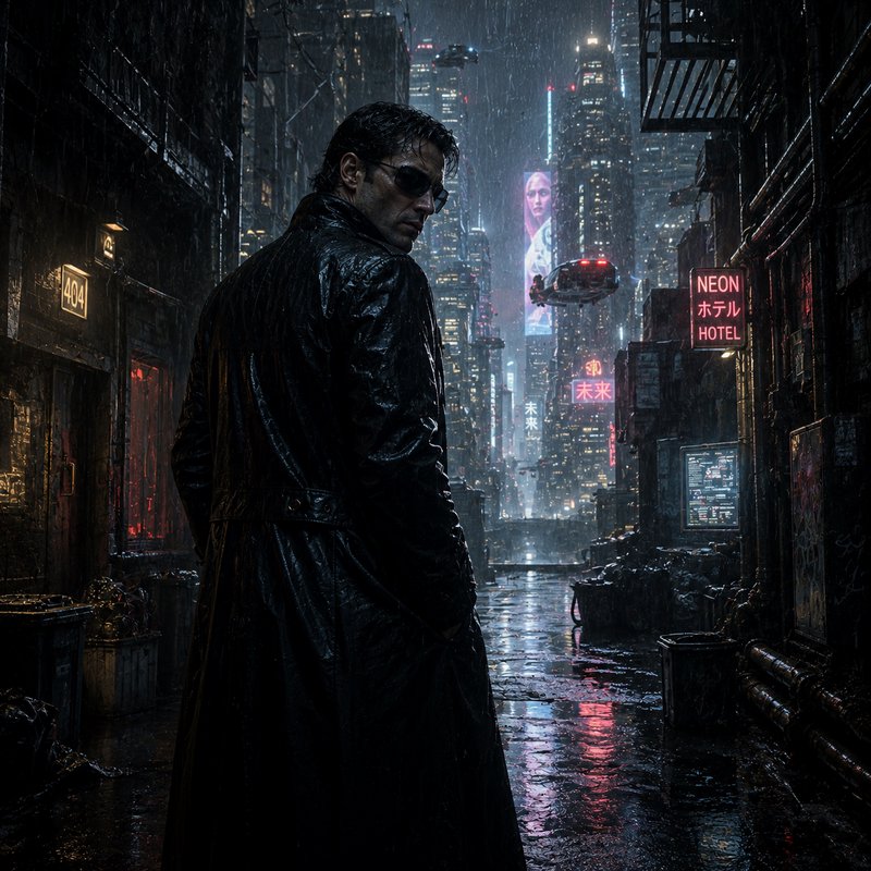 A dark, rain-soaked alley in a neon-lit cyberpunk city with a man in a trench coat looking over his shoulder